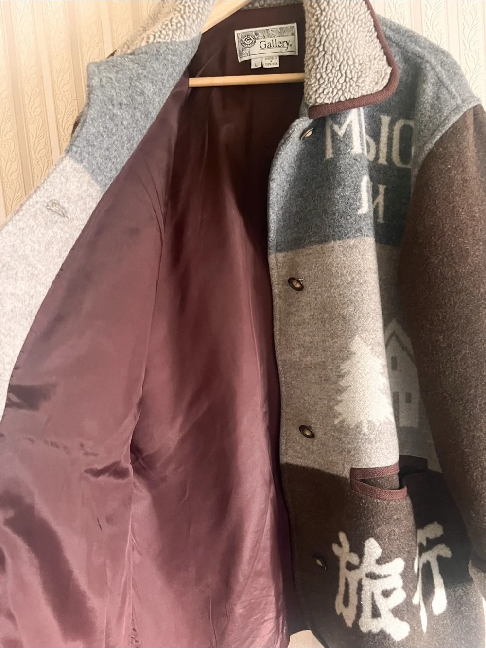 Vintage Gallery Womens Brown & Gray Wool-Blend Pea Coat with Sherpa Collar warm